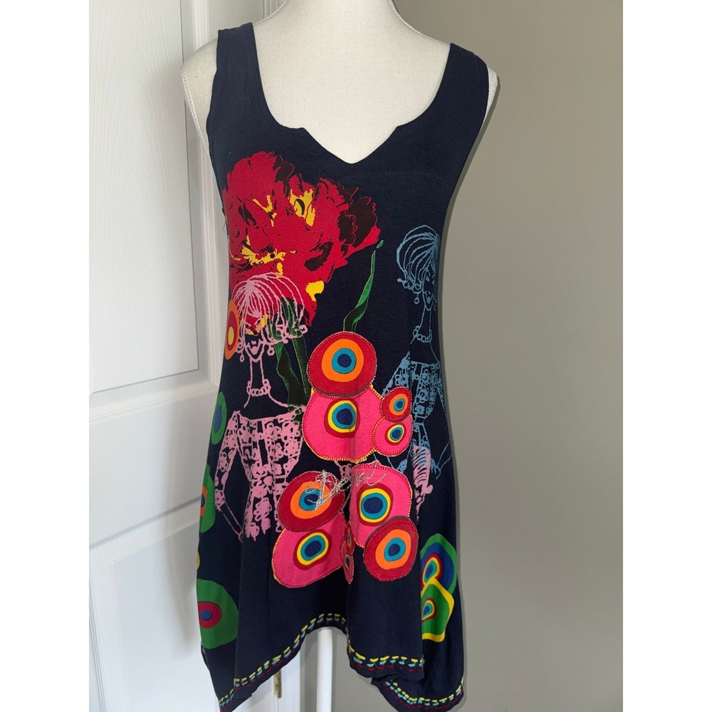 Desigual Navy Blue‎ Graphic Print Asymmetrical Tunic Tank Dress Top Whimsigoth S